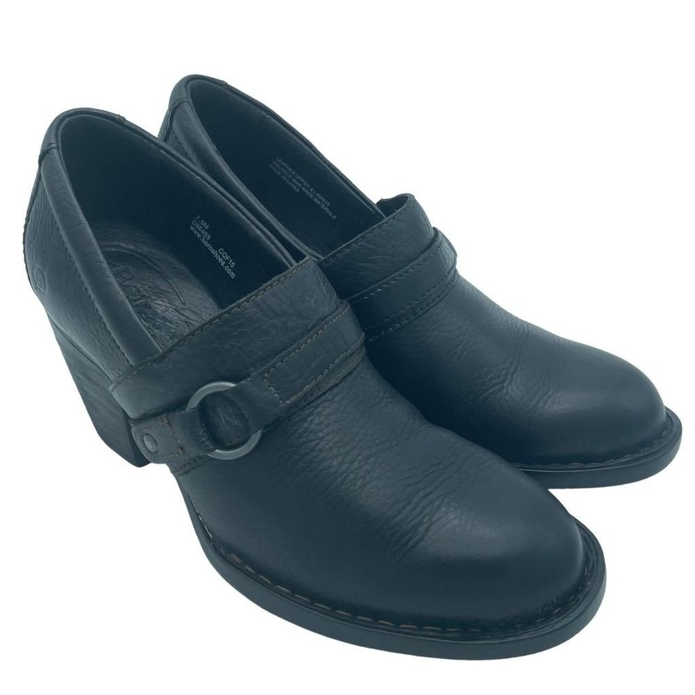 Born Womens Shooties Boots Black Leather Block Heel Slip On Straps 7.5 M